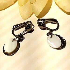 Vintage Gunmetal Earrings Mother of Pearl Drop Hinged